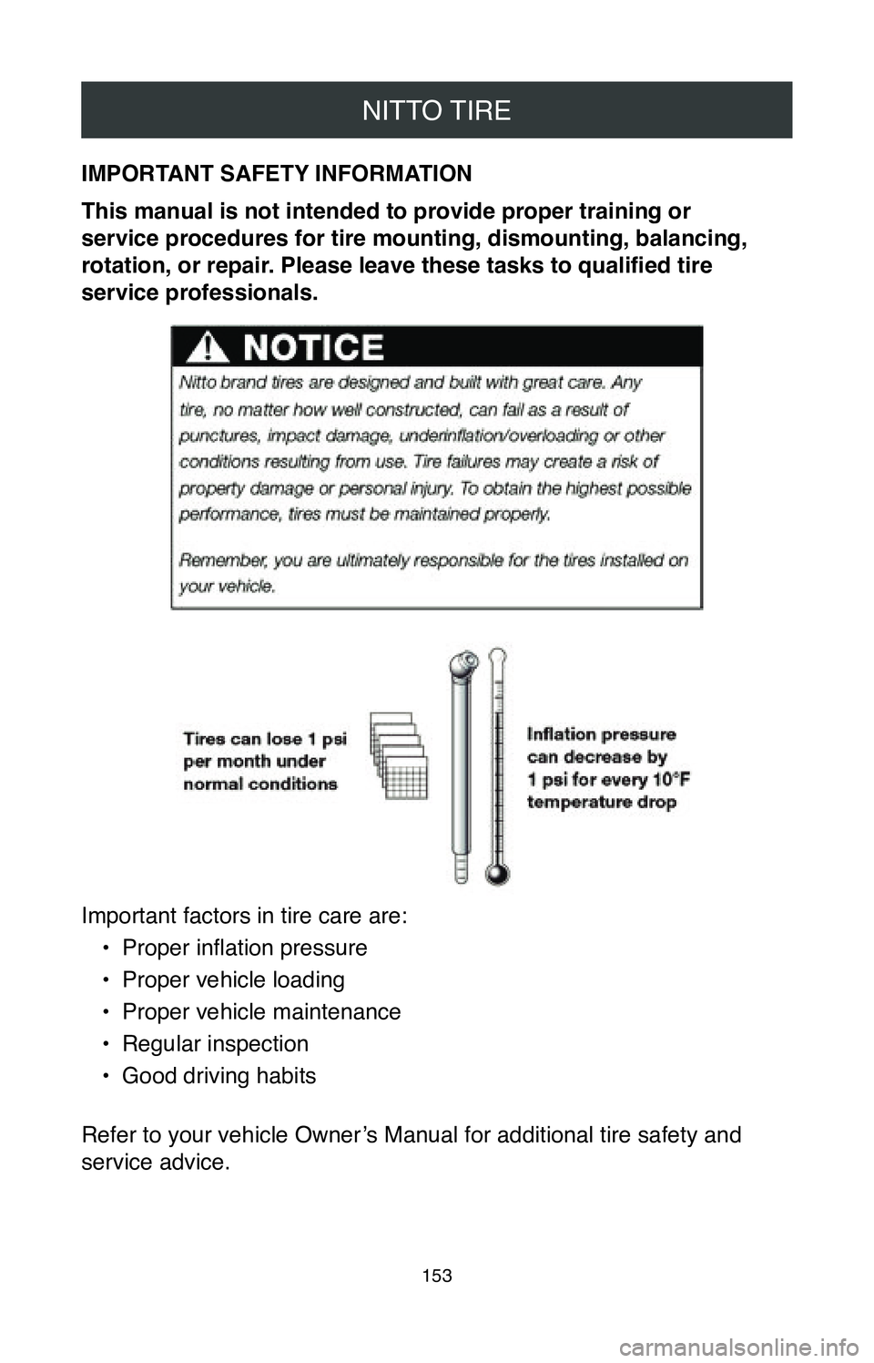 TOYOTA MIRAI 2020 Warranties & Maintenance Guides (in English) NITTO TIRE
153
IMPORTANT SAFETY INFORMATION
This manual is not intended to provide proper training or
service procedures for tire mounting, dismounting, balancing,
rotation, or repair. Please leave TOYOTA MIRAI 2020 Warranties & Maintenance Guides (in English) NITTO TIRE
153
IMPORTANT SAFETY INFORMATION
This manual is not intended to provide proper training or
service procedures for tire mounting, dismounting, balancing,
rotation, or repair. Please leave