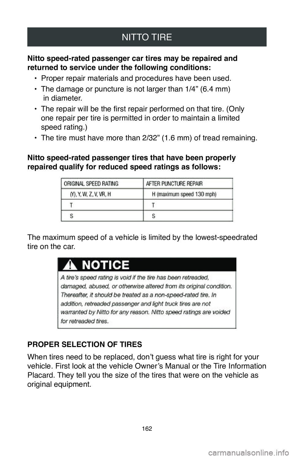 TOYOTA MIRAI 2020 Warranties & Maintenance Guides (in English) NITTO TIRE
162
Nitto speed-rated passenger car tires may be repaired and
returned to service under the following conditions:•
Proper repair materials and procedures have been used.
•
The damage TOYOTA MIRAI 2020 Warranties & Maintenance Guides (in English) NITTO TIRE
162
Nitto speed-rated passenger car tires may be repaired and
returned to service under the following conditions:•
Proper repair materials and procedures have been used.
•
The damage