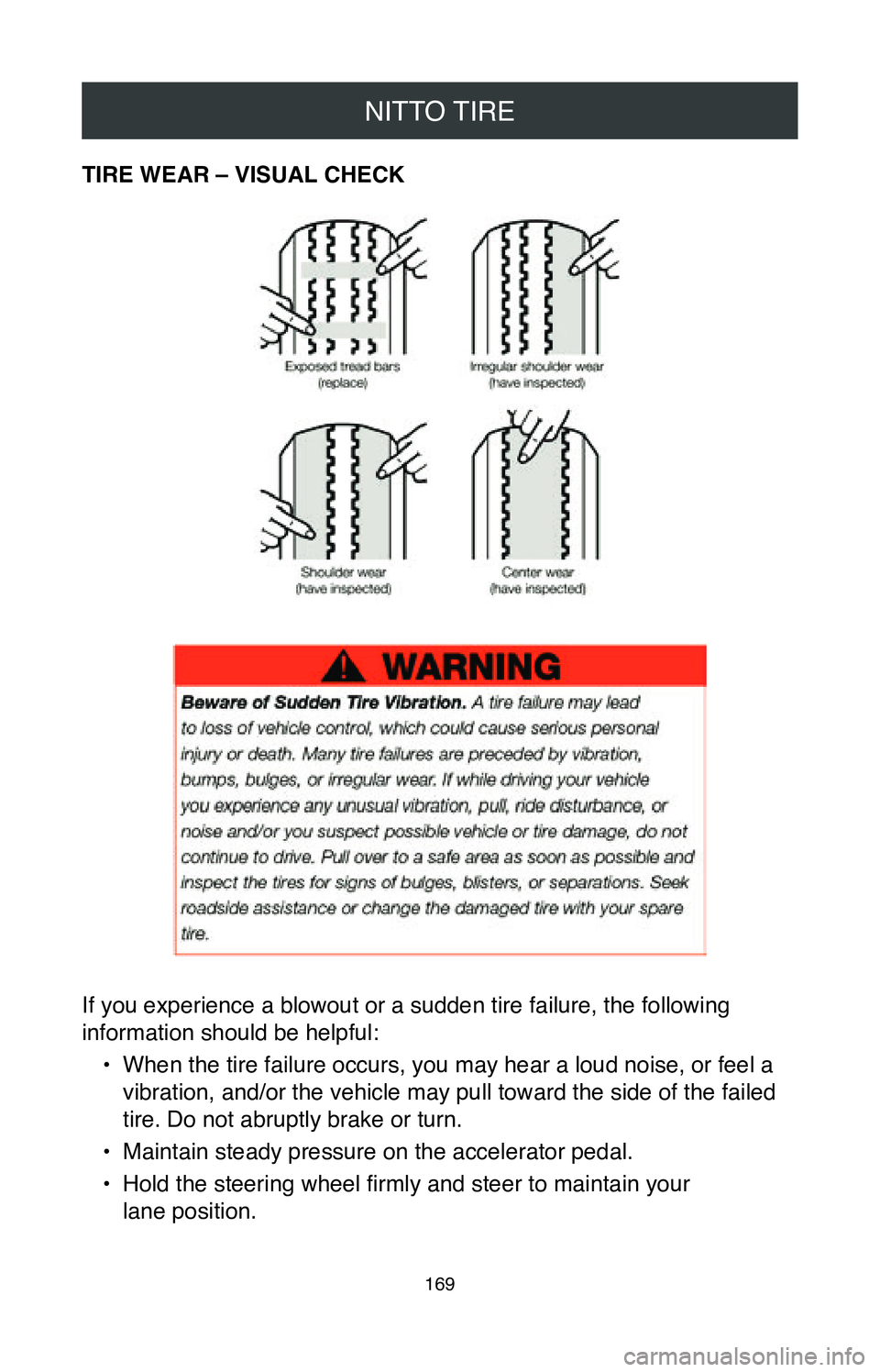 TOYOTA MIRAI 2020  Warranties & Maintenance Guides (in English) NITTO TIRE
169
TIRE WEAR – VISUAL CHECK
If you experience a blowout or a sudden tire failure, the following 
information should be helpful:•
 When the tire failure occurs, you may hear a loud nois