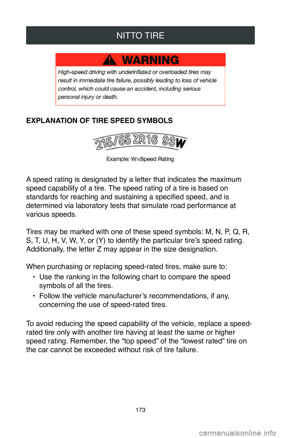 TOYOTA MIRAI 2020 Warranties & Maintenance Guides (in English) NITTO TIRE
173
EXPLANATION OF TIRE SPEED SYMBOLS
A speed rating is designated by a letter that indicates the maximum
speed capability of a tire. The speed rating of a tire is based on
standards for re TOYOTA MIRAI 2020 Warranties & Maintenance Guides (in English) NITTO TIRE
173
EXPLANATION OF TIRE SPEED SYMBOLS
A speed rating is designated by a letter that indicates the maximum
speed capability of a tire. The speed rating of a tire is based on
standards for re