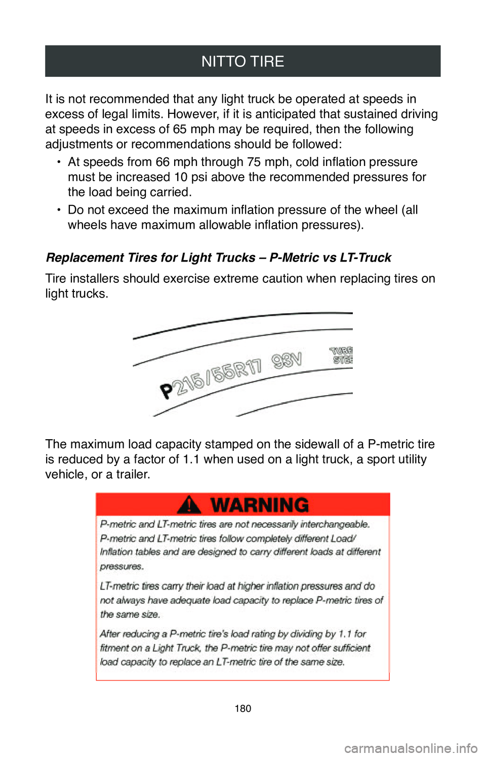 TOYOTA MIRAI 2020  Warranties & Maintenance Guides (in English) NITTO TIRE
180
It is not recommended that any light truck be operated at speeds in 
excess of legal limits. However, if it is anticipated that sustained driving 
at speeds in excess of 65 mph may be r