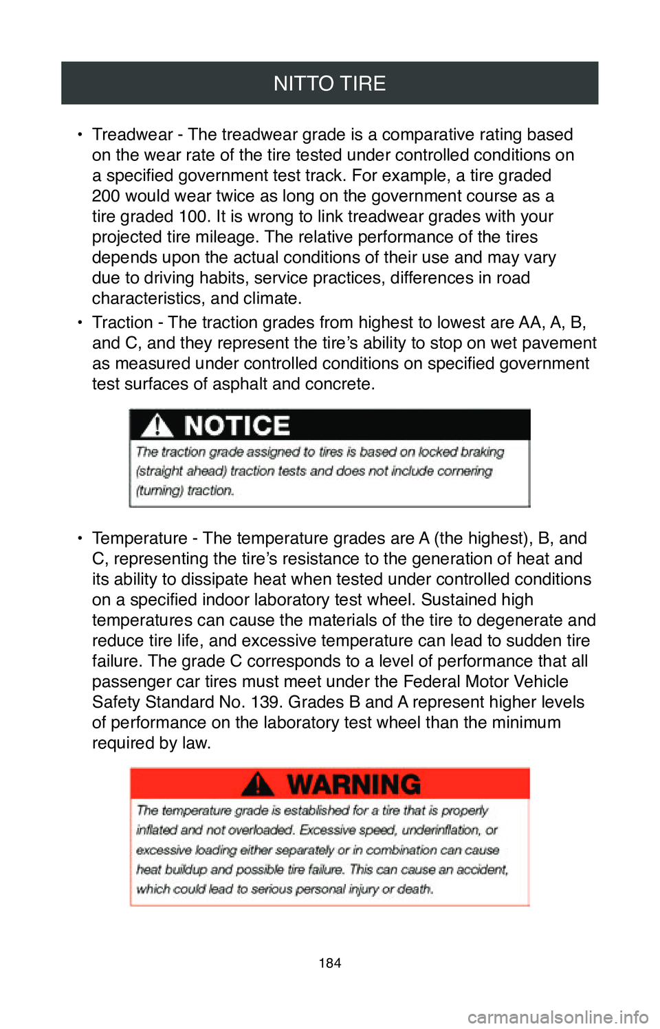 TOYOTA MIRAI 2020 Warranties & Maintenance Guides (in English) NITTO TIRE
184
• Treadwear - The treadwear grade is a comparative rating based
on the wear rate of the tire tested under controlled conditions on
a specified government test track. For example, a TOYOTA MIRAI 2020 Warranties & Maintenance Guides (in English) NITTO TIRE
184
• Treadwear - The treadwear grade is a comparative rating based
on the wear rate of the tire tested under controlled conditions on
a specified government test track. For example, a