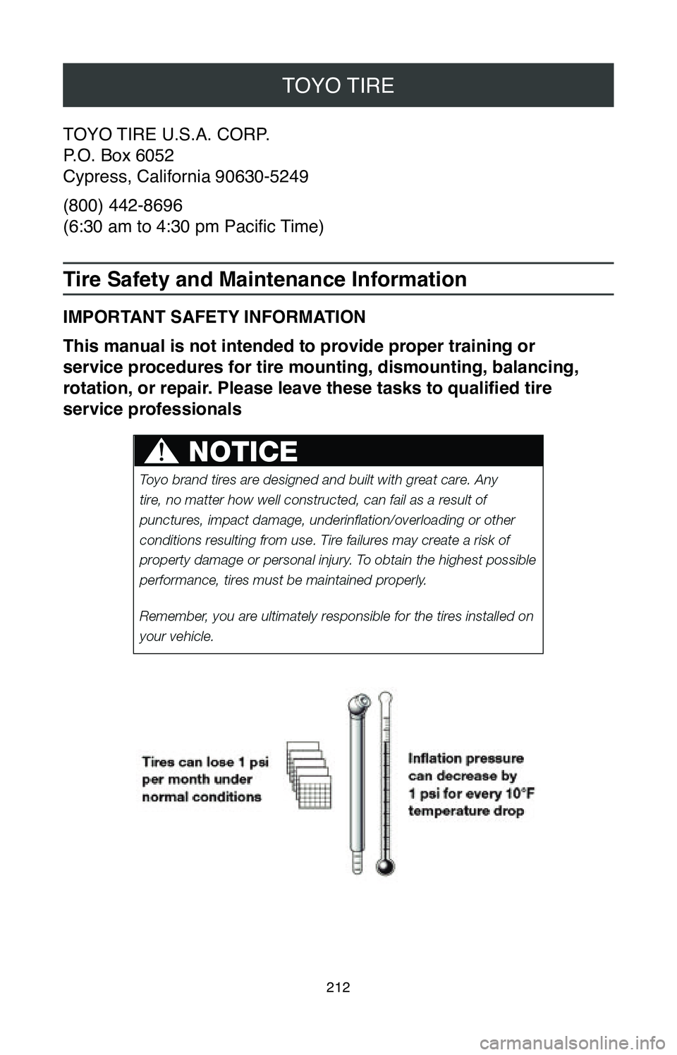 TOYOTA MIRAI 2020 Warranties & Maintenance Guides (in English) TOYO TIRE
212
TOYO TIRE U.S.A. CORP.
P.O. Box 6052
Cypress, California 90630-5249
(800) 442-8696
(6:30 am to 4:30 pm Pacific Time)
Tire Safety and Maintenance Information
IMPORTANT SAFETY INFORMATION
TOYOTA MIRAI 2020 Warranties & Maintenance Guides (in English) TOYO TIRE
212
TOYO TIRE U.S.A. CORP.
P.O. Box 6052
Cypress, California 90630-5249
(800) 442-8696
(6:30 am to 4:30 pm Pacific Time)
Tire Safety and Maintenance Information
IMPORTANT SAFETY INFORMATION