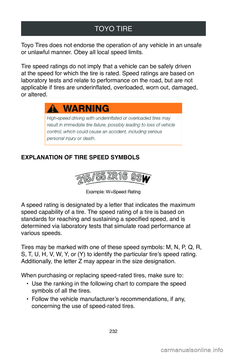 TOYOTA MIRAI 2020 Warranties & Maintenance Guides (in English) TOYO TIRE
232
Toyo Tires does not endorse the operation of any vehicle in an unsafe
or unlawful manner. Obey all local speed limits.
Tire speed ratings do not imply that a vehicle can be safely drive TOYOTA MIRAI 2020 Warranties & Maintenance Guides (in English) TOYO TIRE
232
Toyo Tires does not endorse the operation of any vehicle in an unsafe
or unlawful manner. Obey all local speed limits.
Tire speed ratings do not imply that a vehicle can be safely drive