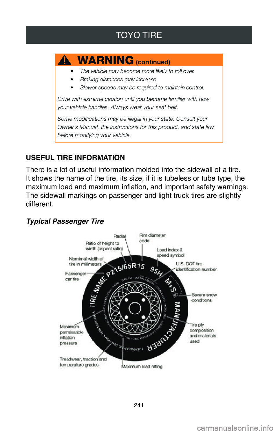 TOYOTA MIRAI 2020 Warranties & Maintenance Guides (in English) TOYO TIRE
241
USEFUL TIRE INFORMATION
There is a lot of useful information molded into the sidewall of a tire.\
It shows the name of the tire, its size, if it is tubeless or tube type,\
the
maximu TOYOTA MIRAI 2020 Warranties & Maintenance Guides (in English) TOYO TIRE
241
USEFUL TIRE INFORMATION
There is a lot of useful information molded into the sidewall of a tire.\
It shows the name of the tire, its size, if it is tubeless or tube type,\
the
maximu
