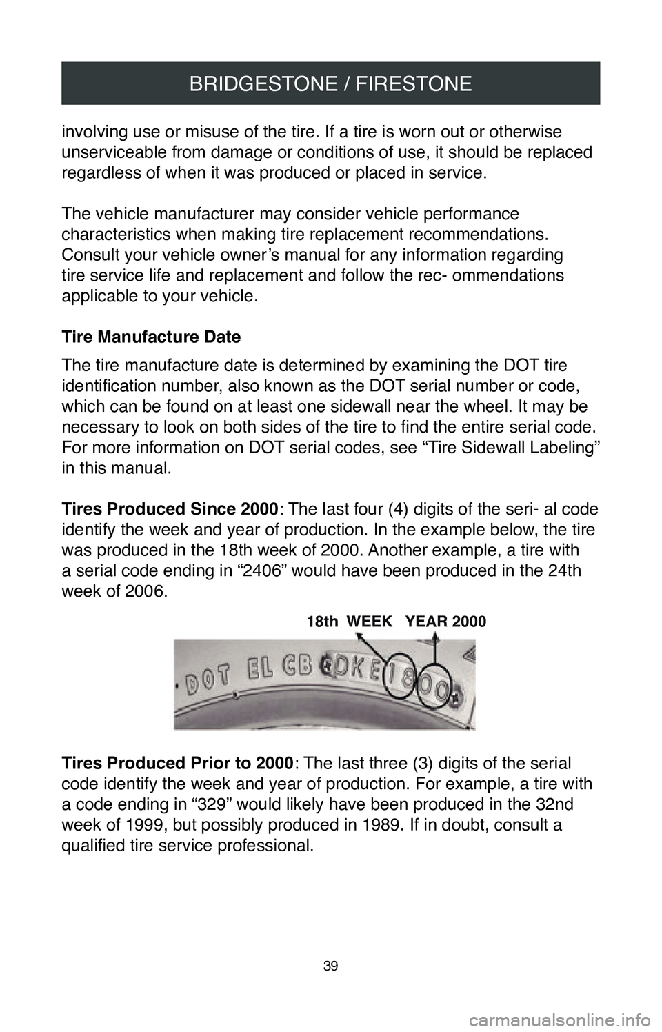 TOYOTA MIRAI 2020  Warranties & Maintenance Guides (in English) BRIDGESTONE / FIRESTONE
39
involving use or misuse of the tire. If a tire is worn out or otherwise \
unserviceable from damage or conditions of use, it should be replaced 
regardless of when it was p