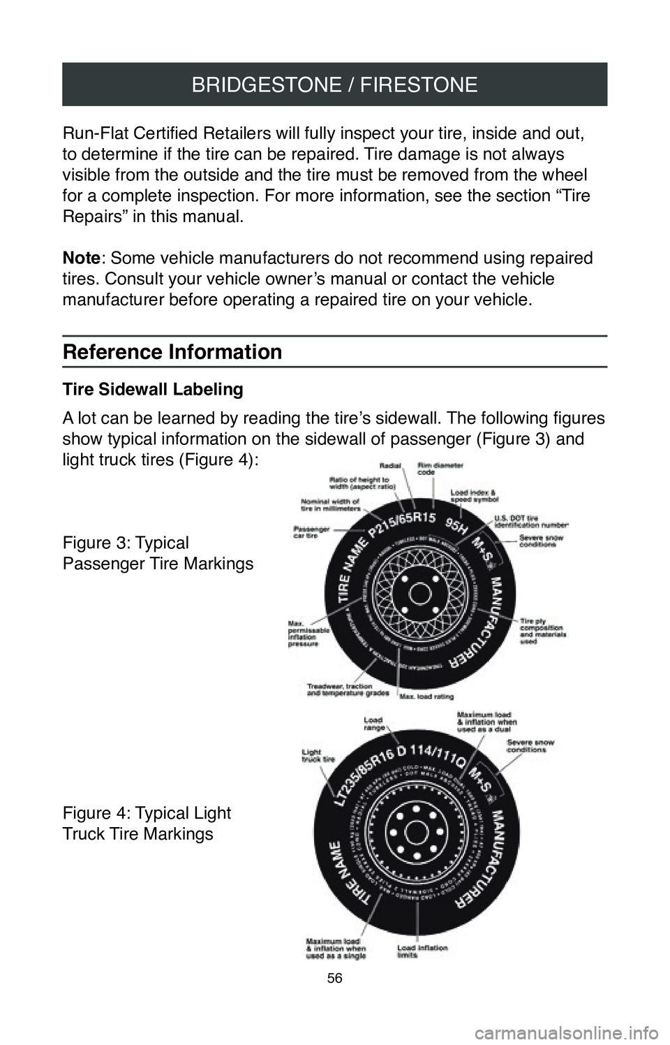 TOYOTA MIRAI 2020  Warranties & Maintenance Guides (in English) BRIDGESTONE / FIRESTONE
56
Run-Flat Certified Retailers will fully inspect your tire, inside and out, 
to determine if the tire can be repaired. Tire damage is not always 
visible from the outside and