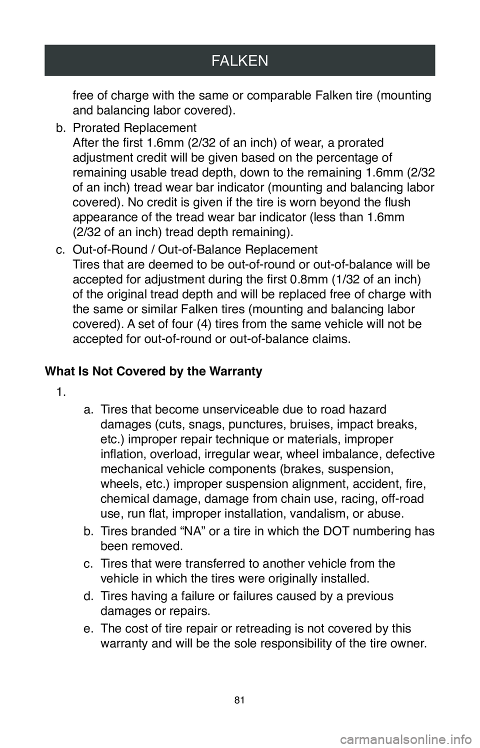 TOYOTA MIRAI 2020  Warranties & Maintenance Guides (in English) FALKEN
81
free of charge with the same or comparable Falken tire (mounting 
and balancing labor covered).
b.
 Prorated Replacement 
After the first 1.6mm (2/32 of an inch) of wear, a prorated 
adjustm