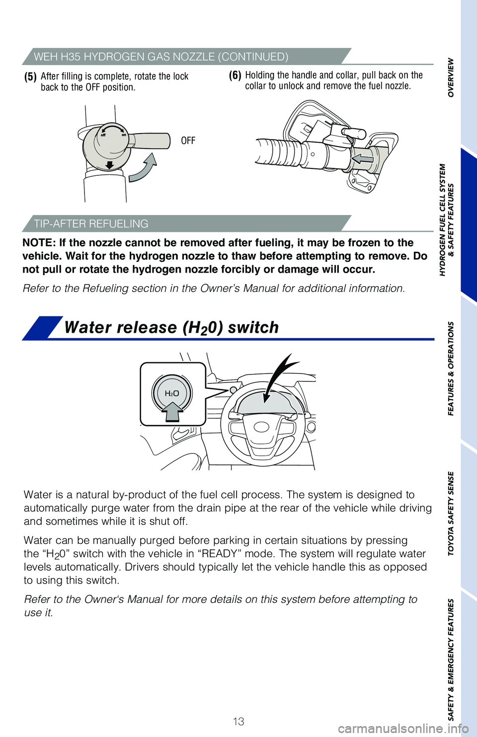 TOYOTA MIRAI 2021  Owners Manual (in English) 13
OVERVIEW
HYDROGEN FUEL CELL SYSTEM
& SAFETY FEATURES
FEATURES & OPERATIONS
TOYOTA SAFETY SENSE
SAFETY & EMERGENCY FEATURES
Water is a natural by-product of the fuel cell process. The system is de\
