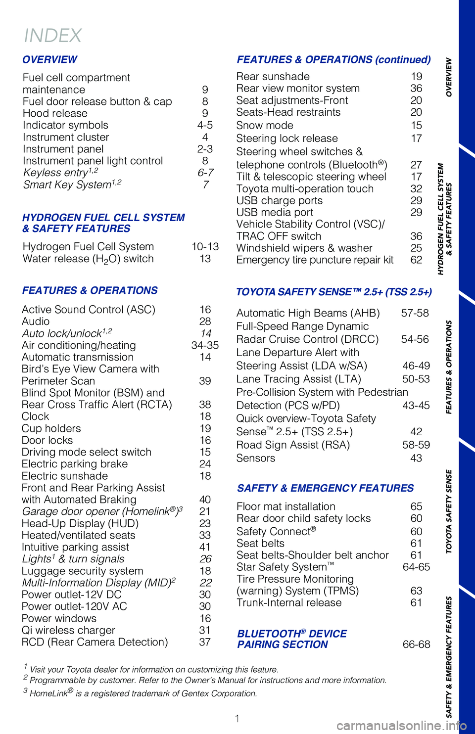 TOYOTA MIRAI 2021 Owners Manual (in English) 1
OVERVIEW
HYDROGEN FUEL CELL SYSTEM
& SAFETY FEATURES
FEATURES & OPERATIONS
TOYOTA SAFETY SENSE
SAFETY & EMERGENCY FEATURES
Active Sound Control (ASC) 16
Audio 28
Auto lock/unlock
1,2 14
Air con TOYOTA MIRAI 2021 Owners Manual (in English) 1
OVERVIEW
HYDROGEN FUEL CELL SYSTEM
& SAFETY FEATURES
FEATURES & OPERATIONS
TOYOTA SAFETY SENSE
SAFETY & EMERGENCY FEATURES
Active Sound Control (ASC) 16
Audio 28
Auto lock/unlock
1,2 14
Air con