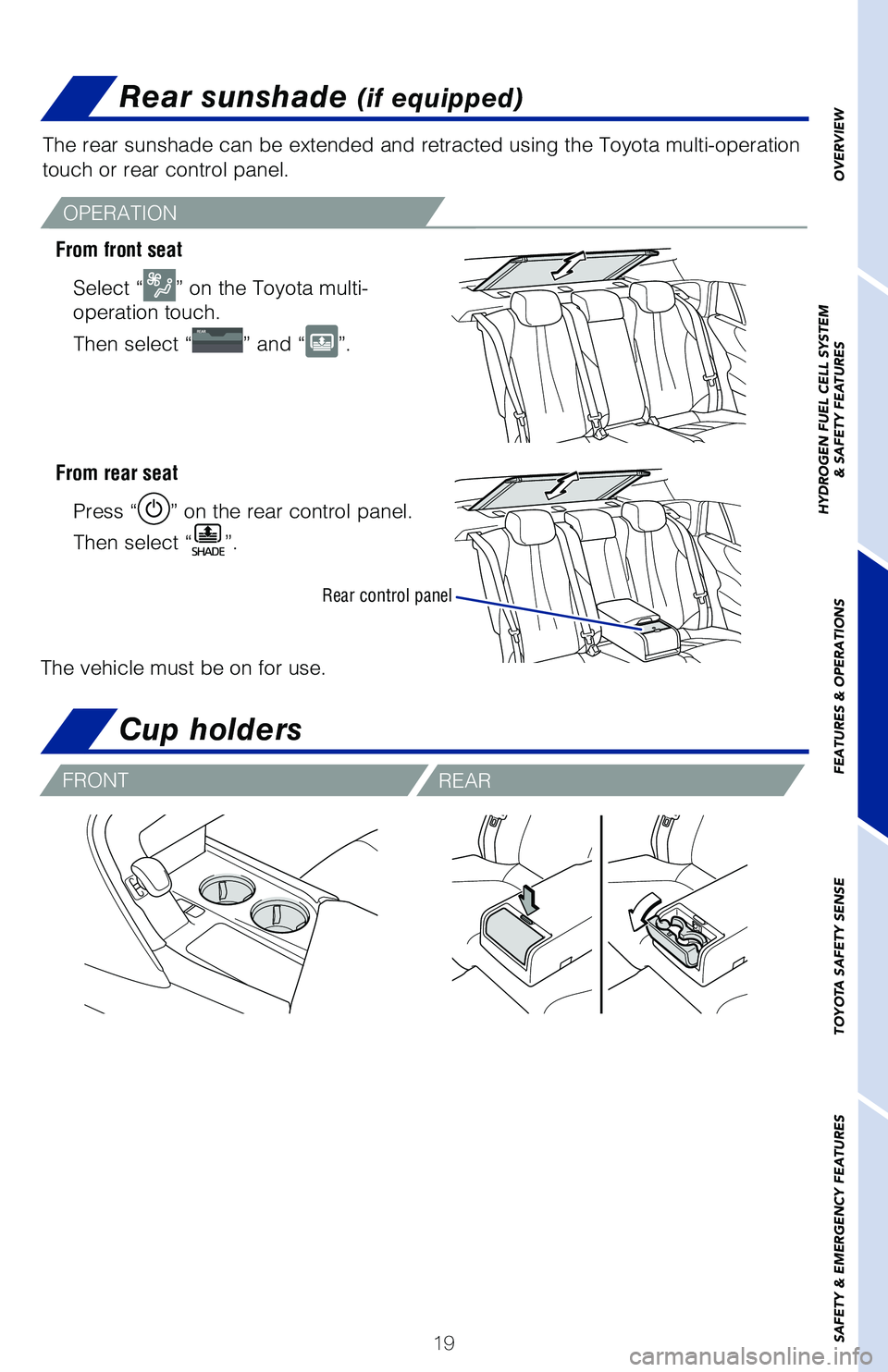 TOYOTA MIRAI 2021   (in English) User Guide 19
OVERVIEW
HYDROGEN FUEL CELL SYSTEM
& SAFETY FEATURES
FEATURES & OPERATIONS
TOYOTA SAFETY SENSE
SAFETY & EMERGENCY FEATURES
From front seat
From rear seat
OPERATION
Select “” on the Toyota multi