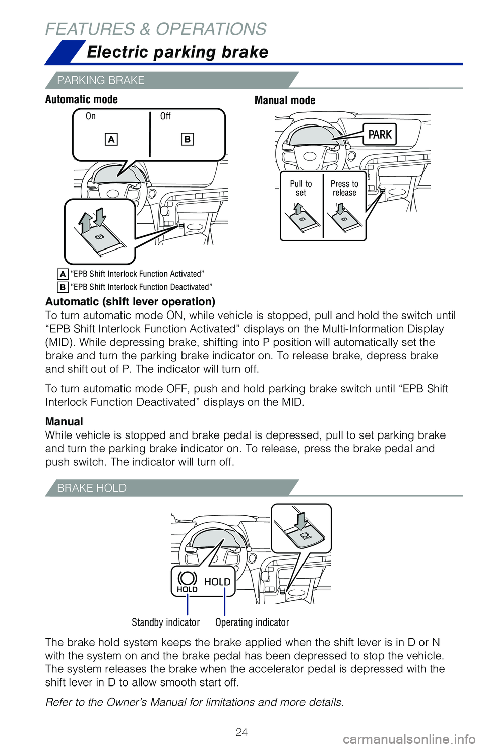 TOYOTA MIRAI 2021 (in English) Owners Manual 24
FEATURES & OPERATIONS
“EPB Shift Interlock Function Activated”
“EPB Shift Interlock Function Deactivated”
Electric parking brake
Automatic (shift lever operation)
To turn automatic mode ON, TOYOTA MIRAI 2021 (in English) Owners Manual 24
FEATURES & OPERATIONS
“EPB Shift Interlock Function Activated”
“EPB Shift Interlock Function Deactivated”
Electric parking brake
Automatic (shift lever operation)
To turn automatic mode ON,