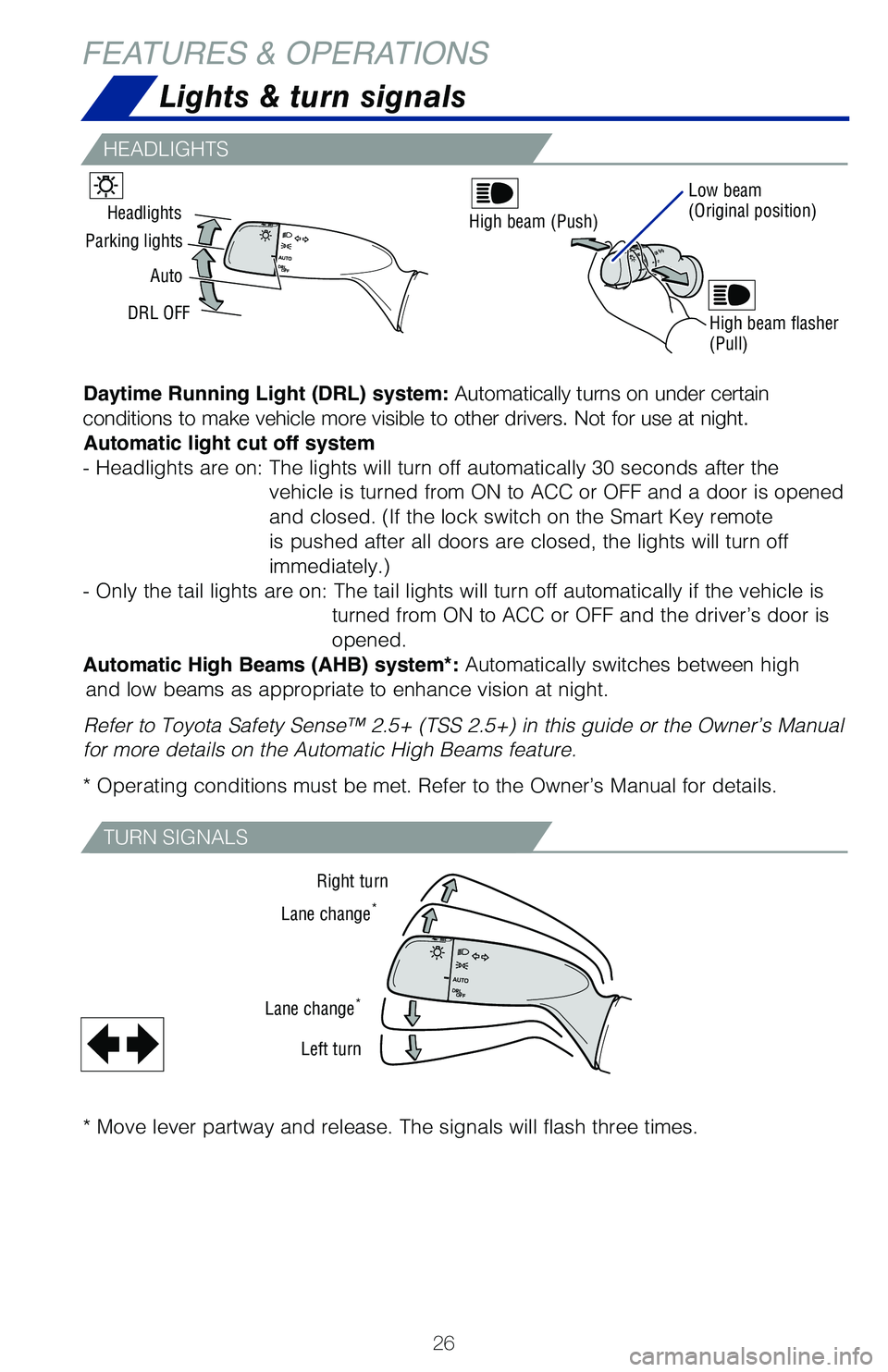 TOYOTA MIRAI 2021 (in English) Owners Manual 26
FEATURES & OPERATIONS
TURN SIGNALS
HEADLIGHTS
Right turn
Lane change
*
Lane change*
Left turn
Headlights
Parking lights
Auto
DRL OFF
High beam (Push)
High beam flasher
(Pull)
Low beam
(Original po TOYOTA MIRAI 2021 (in English) Owners Manual 26
FEATURES & OPERATIONS
TURN SIGNALS
HEADLIGHTS
Right turn
Lane change
*
Lane change*
Left turn
Headlights
Parking lights
Auto
DRL OFF
High beam (Push)
High beam flasher
(Pull)
Low beam
(Original po