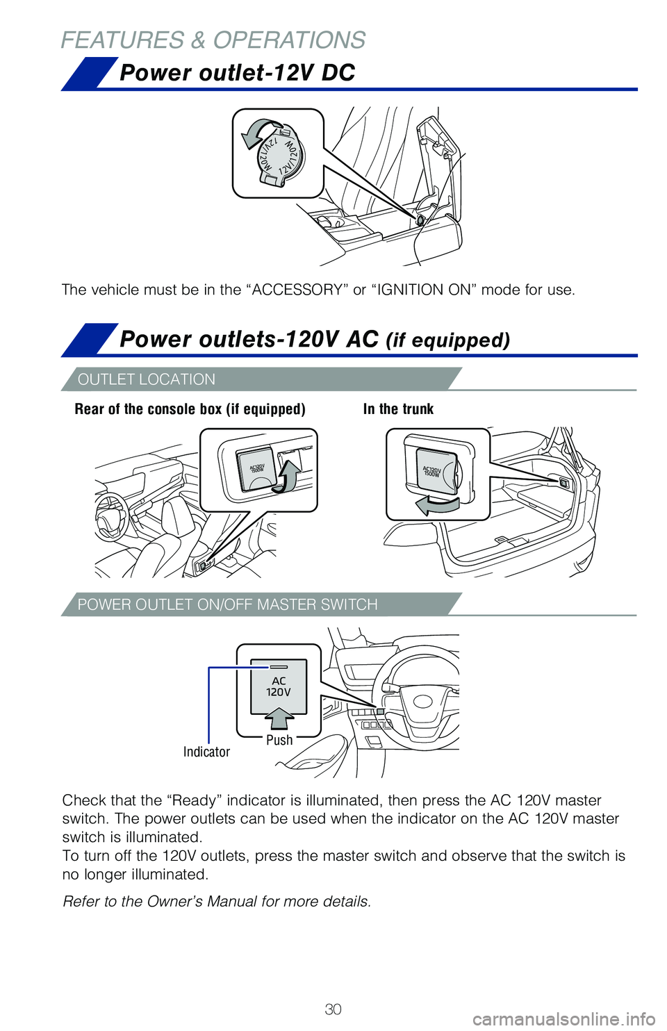 TOYOTA MIRAI 2021   (in English) Owners Guide 30
FEATURES & OPERATIONS
Power outlet-12V DC
The vehicle must be in the “ACCESSORY” or “IGNITION ON” mode\
 for use.
Power outlets-120V AC (if equipped)
Check that the “Ready” indicator is