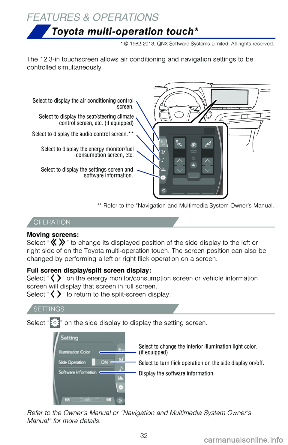 TOYOTA MIRAI 2021  Owners Manual (in English) 32
FEATURES & OPERATIONS
Toyota multi-operation touch*
** Refer to the “Navigation and Multimedia System Owner’s Manual.
The 12.3-in touchscreen allows air conditioning and navigation settings \
t