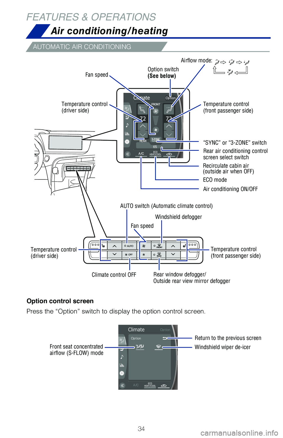 TOYOTA MIRAI 2021  Owners Manual (in English) 34
FEATURES & OPERATIONSAir conditioning/heating
AUTOMATIC AIR CONDITIONING
Temperature control   
(driver side)
Temperature control   
(driver side) Option switch 
(See below)
Temperature control 
(f