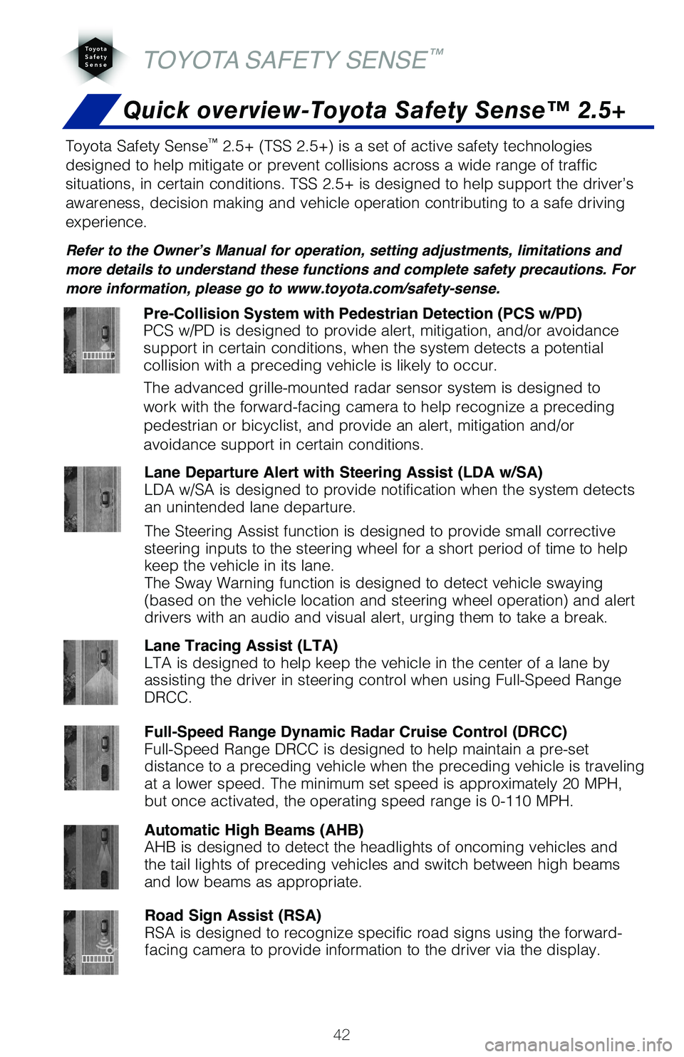 TOYOTA MIRAI 2021  Owners Manual (in English) 42
TOYOTA SAFETY SENSE™
Toyota Safety Sense™ 2.5+ (TSS 2.5+) is a set of active safety technologies 
designed to help mitigate or prevent collisions across a wide range of t\
raffic 
situations, i