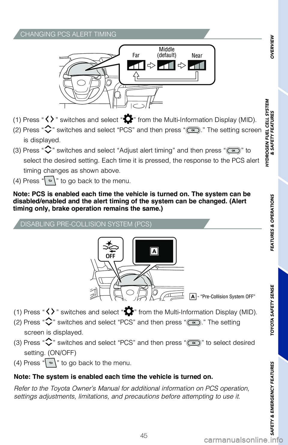 TOYOTA MIRAI 2021   (in English) Service Manual 45
CHANGING PCS ALERT TIMING
DISABLING PRE-COLLISION SYSTEM (PCS)
(1) Press “” switches and select “” from the Multi-Information Display (MID).  
(2) Press “
” switches and select “PCS