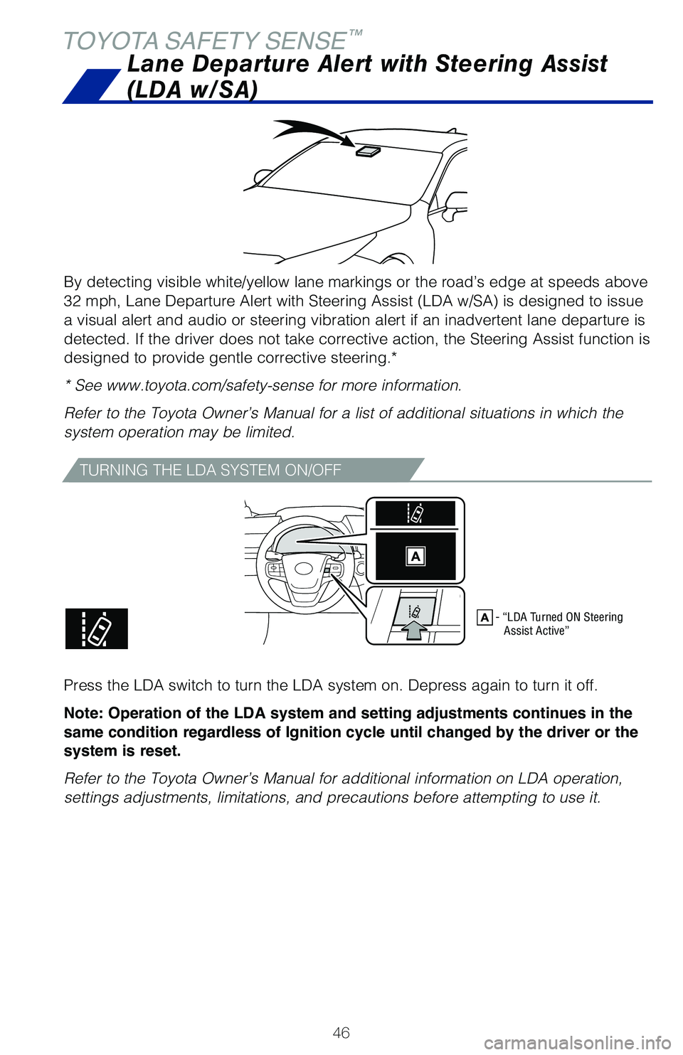 TOYOTA MIRAI 2021   (in English) Service Manual 46
TOYOTA SAFETY SENSE™
By detecting visible white/yellow lane markings or the road’s edge at\
 speeds above 
32 mph, Lane Departure Alert with Steering Assist (LDA w/SA) is design\
ed to issue 
a