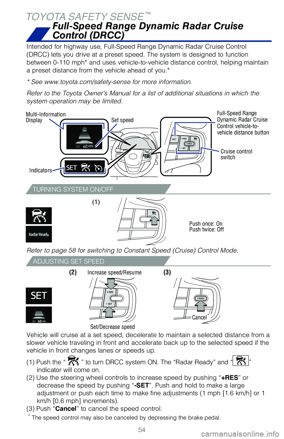 TOYOTA MIRAI 2021  Owners Manual (in English) 54
TURNING SYSTEM ON/OFF
ADJUSTING SET SPEED
(1) 
Push once: On
Push twice: Off
(2) (3) 
TOYOTA SAFETY SENSE™
Intended for highway use, Full-Speed Range Dynamic Radar Cruise Control \
(DRCC) lets y