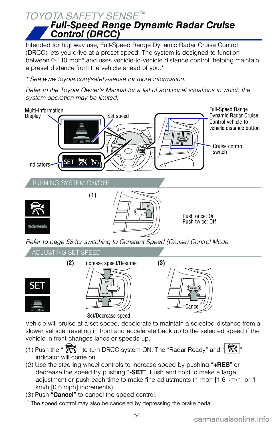 TOYOTA MIRAI 2021 (in English) Workshop Manual 54
TURNING SYSTEM ON/OFF
ADJUSTING SET SPEED
(1)
Push once: On
Push twice: Off
(2) (3)
TOYOTA SAFETY SENSE™
Intended for highway use, Full-Speed Range Dynamic Radar Cruise Control \
(DRCC) lets y TOYOTA MIRAI 2021 (in English) Workshop Manual 54
TURNING SYSTEM ON/OFF
ADJUSTING SET SPEED
(1)
Push once: On
Push twice: Off
(2) (3)
TOYOTA SAFETY SENSE™
Intended for highway use, Full-Speed Range Dynamic Radar Cruise Control \
(DRCC) lets y
