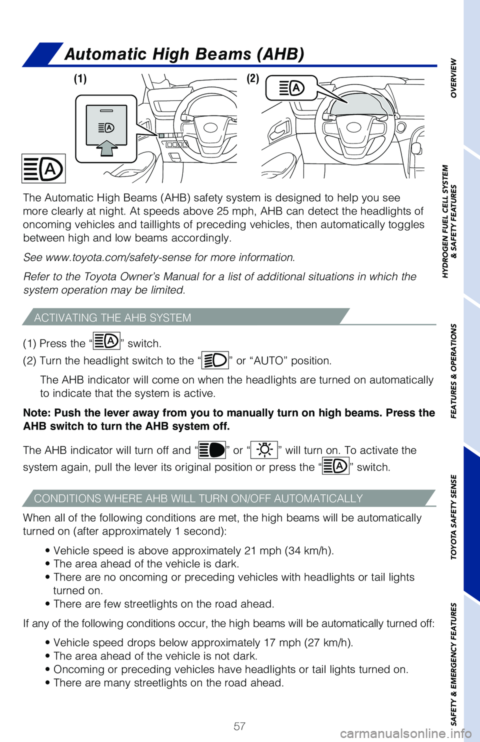 TOYOTA MIRAI 2021   (in English) Owners Guide 57
Automatic High Beams (AHB)
ACTIVATING THE AHB SYSTEM
CONDITIONS WHERE AHB WILL TURN ON/OFF AUTOMATICALLY
When all of the following conditions are met, the high beams will be aut\
omatically 
turned