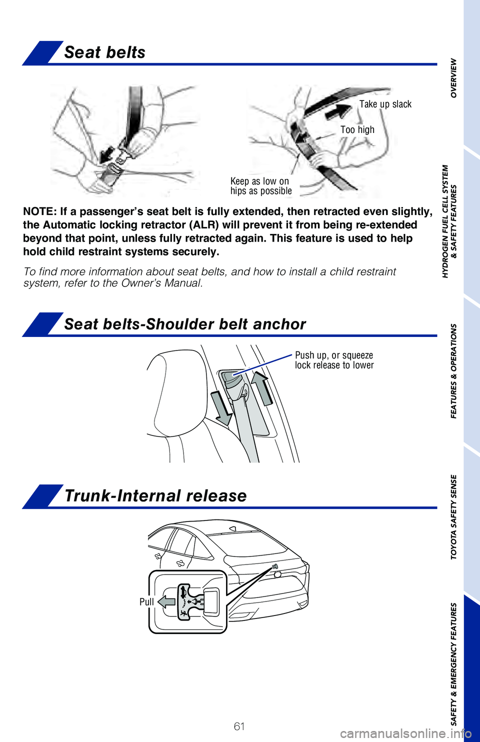 TOYOTA MIRAI 2021   (in English) Owners Guide 61
OVERVIEW
HYDROGEN FUEL CELL SYSTEM
& SAFETY FEATURES
FEATURES & OPERATIONS
TOYOTA SAFETY SENSE
SAFETY & EMERGENCY FEATURES
Seat belts
Seat belts-Shoulder belt anchor
Keep as low on 
hips as possibl