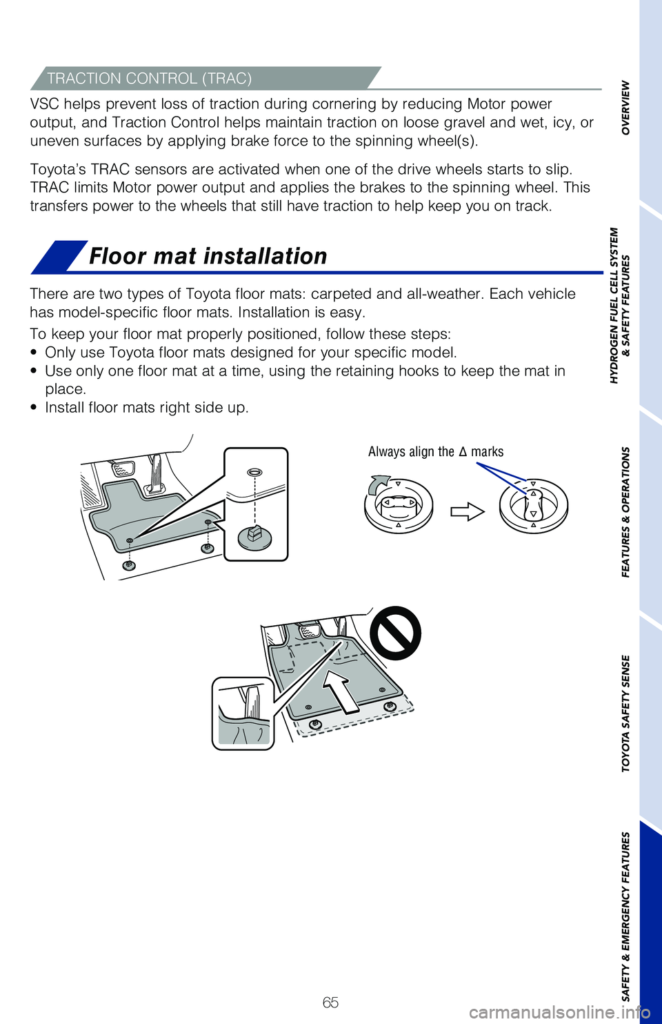 TOYOTA MIRAI 2021   (in English) Owners Guide 65
OVERVIEW
HYDROGEN FUEL CELL SYSTEM
& SAFETY FEATURES
FEATURES & OPERATIONS
TOYOTA SAFETY SENSE
SAFETY & EMERGENCY FEATURES
Floor mat installation
There are two types of Toyota floor mats: carpeted 