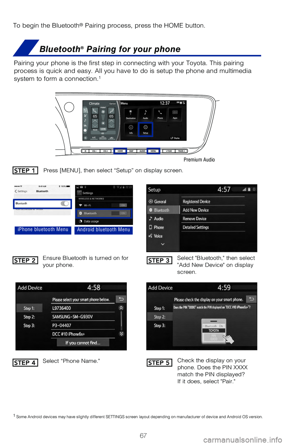 TOYOTA MIRAI 2021  Owners Manual (in English) 67
To begin the Bluetooth® Pairing process, press the HOME button.
Bluetooth® Pairing for your phone
Select "Bluetooth," then select 
"Add New Device" on display 
screen.
Ensure Bluetooth is turned 