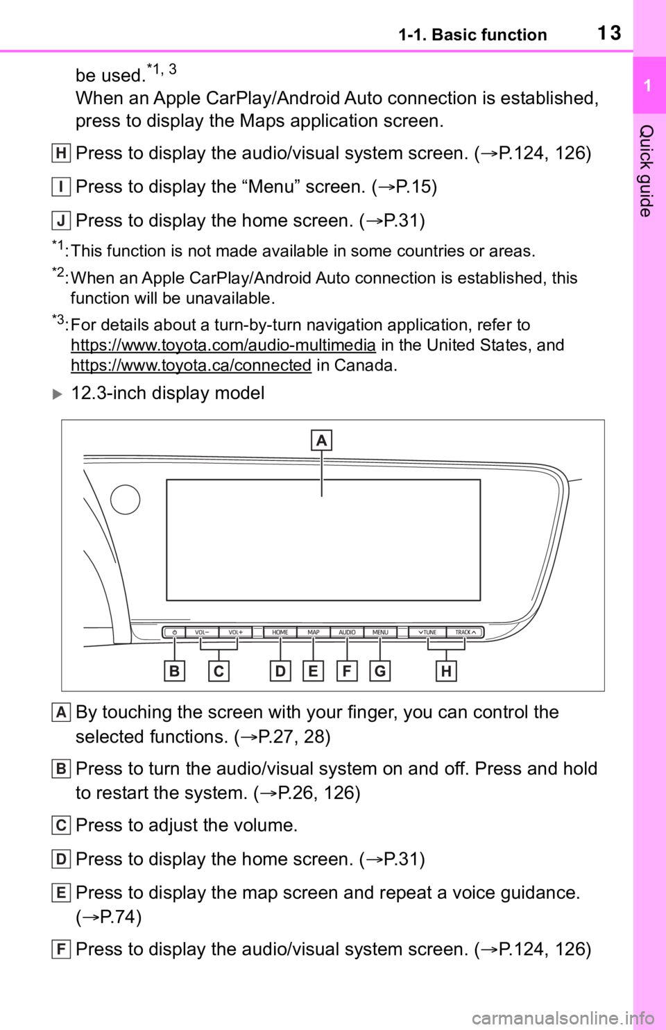 TOYOTA MIRAI 2021 Accessories, Audio & Navigation (in English) 131-1. Basic function
1
Quick guide
be used.*1, 3
When an Apple CarPlay/Android Auto connection is established,
press to display the Maps application screen.
Press to display the audio/visual system TOYOTA MIRAI 2021 Accessories, Audio & Navigation (in English) 131-1. Basic function
1
Quick guide
be used.*1, 3
When an Apple CarPlay/Android Auto connection is established,
press to display the Maps application screen.
Press to display the audio/visual system