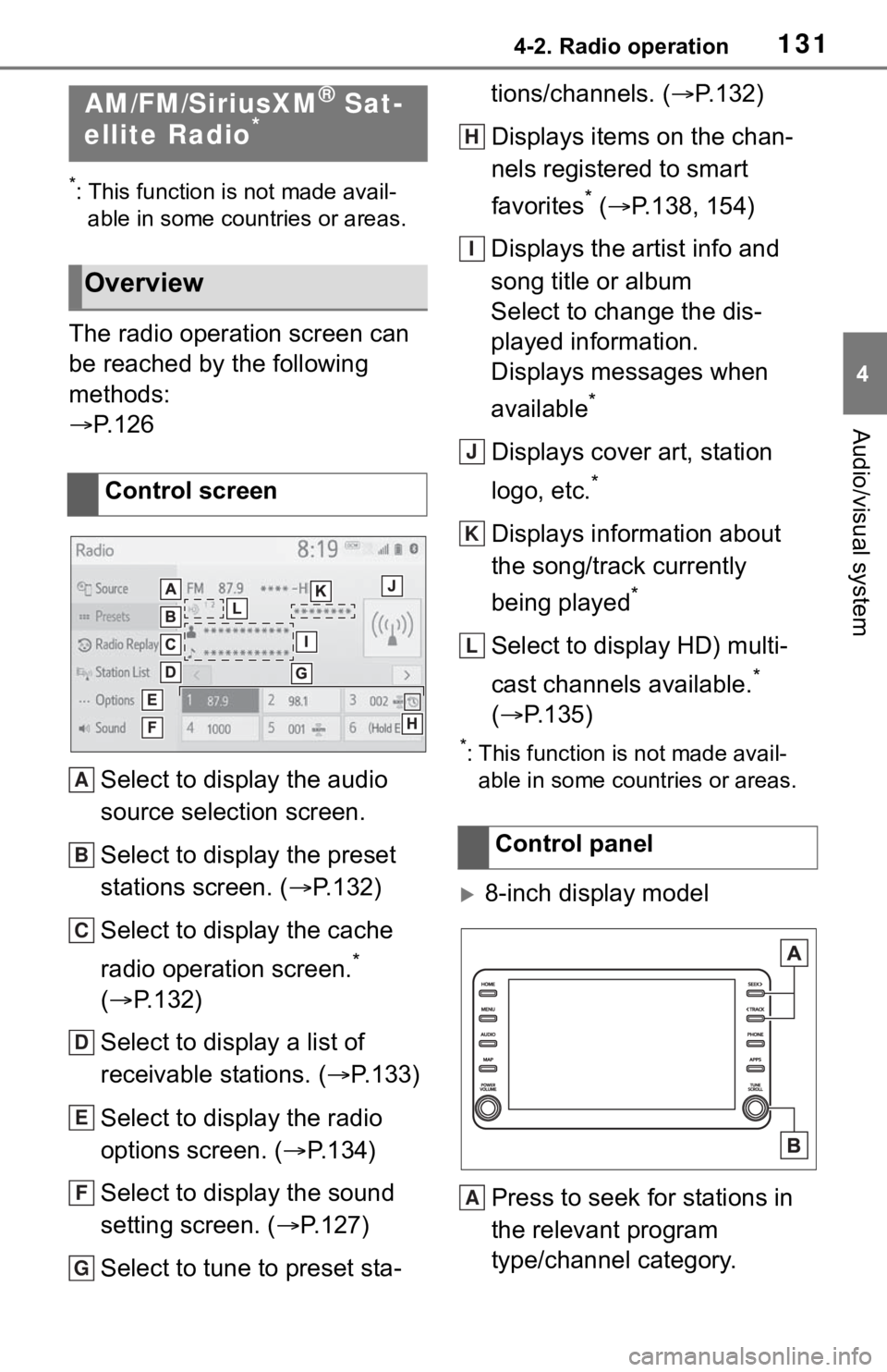 TOYOTA MIRAI 2021 Accessories, Audio & Navigation (in English) 1314-2. Radio operation
4
Audio/visual system
4-2.Radio operation
*: This function is not made avail-able in some countries or areas.
The radio operation screen can
be reached by the following
metho TOYOTA MIRAI 2021 Accessories, Audio & Navigation (in English) 1314-2. Radio operation
4
Audio/visual system
4-2.Radio operation
*: This function is not made avail-able in some countries or areas.
The radio operation screen can
be reached by the following
metho
