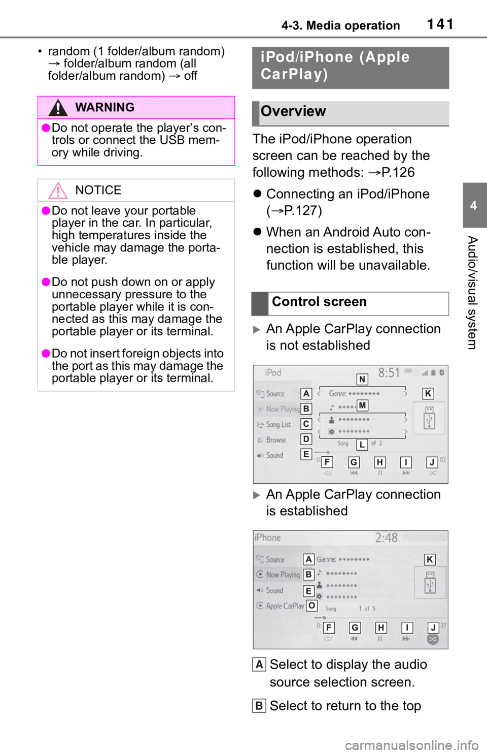 TOYOTA MIRAI 2021  Accessories, Audio & Navigation (in English) 1414-3. Media operation
4
Audio/visual system
• random (1 folder/album random)   folder/album random (all 
folder/album random)   off
The iPod/iPhone operation 
screen can be reached by the 
f
