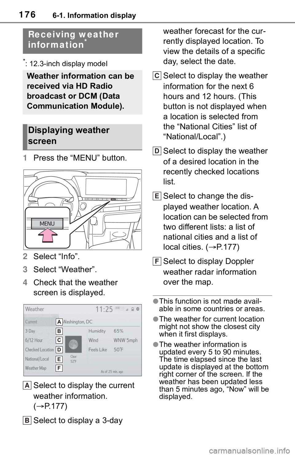 TOYOTA MIRAI 2021 Accessories, Audio & Navigation (in English) 1766-1. Information display
6-1.Information display
*: 12.3-inch display model
1Press the “MENU” button.
2 Select “Info”.
3 Select “Weather”.
4 Check that the weather
screen is displayed. TOYOTA MIRAI 2021 Accessories, Audio & Navigation (in English) 1766-1. Information display
6-1.Information display
*: 12.3-inch display model
1Press the “MENU” button.
2 Select “Info”.
3 Select “Weather”.
4 Check that the weather
screen is displayed.