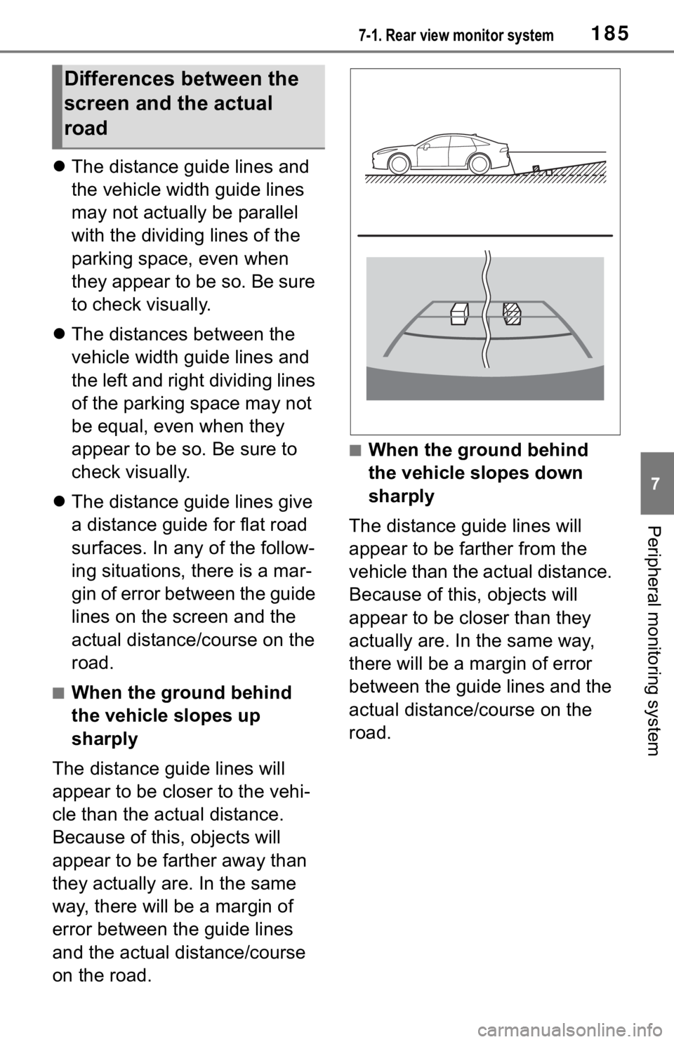 TOYOTA MIRAI 2021 Accessories, Audio & Navigation (in English) 1857-1. Rear view monitor system
7
Peripheral monitoring system
The distance guide lines and
the vehicle width guide lines
may not actually be parallel
with the dividing lines of the
parking sp TOYOTA MIRAI 2021 Accessories, Audio & Navigation (in English) 1857-1. Rear view monitor system
7
Peripheral monitoring system
The distance guide lines and
the vehicle width guide lines
may not actually be parallel
with the dividing lines of the
parking sp