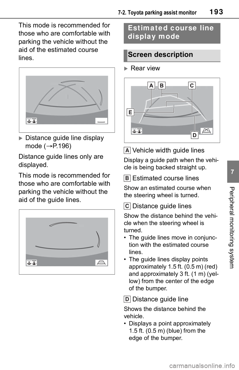 TOYOTA MIRAI 2021 Accessories, Audio & Navigation (in English) 1937-2. Toyota parking assist monitor
7
Peripheral monitoring system
This mode is recommended for
those who are comfortable with
parking the vehicle without the
aid of the estimated course
lines.
TOYOTA MIRAI 2021 Accessories, Audio & Navigation (in English) 1937-2. Toyota parking assist monitor
7
Peripheral monitoring system
This mode is recommended for
those who are comfortable with
parking the vehicle without the
aid of the estimated course
lines.