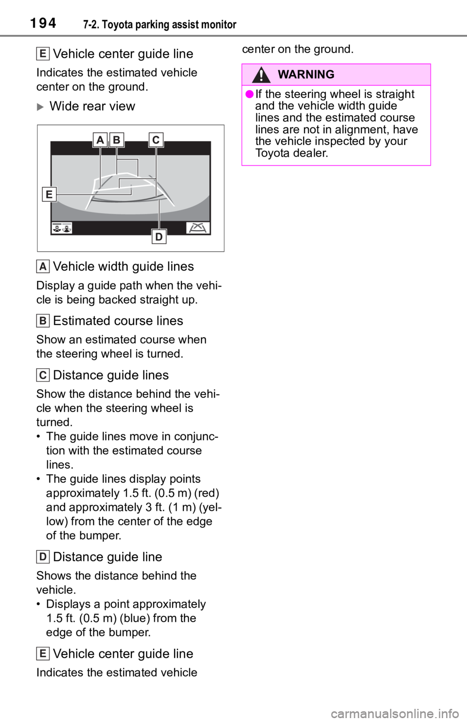 TOYOTA MIRAI 2021 Accessories, Audio & Navigation (in English) 1947-2. Toyota parking assist monitor
Vehicle center guide line
Indicates the estimated vehicle
center on the ground.
Wide rear viewVehicle width guide lines
Display a guide path when the vehi-
cl TOYOTA MIRAI 2021 Accessories, Audio & Navigation (in English) 1947-2. Toyota parking assist monitor
Vehicle center guide line
Indicates the estimated vehicle
center on the ground.
Wide rear viewVehicle width guide lines
Display a guide path when the vehi-
cl