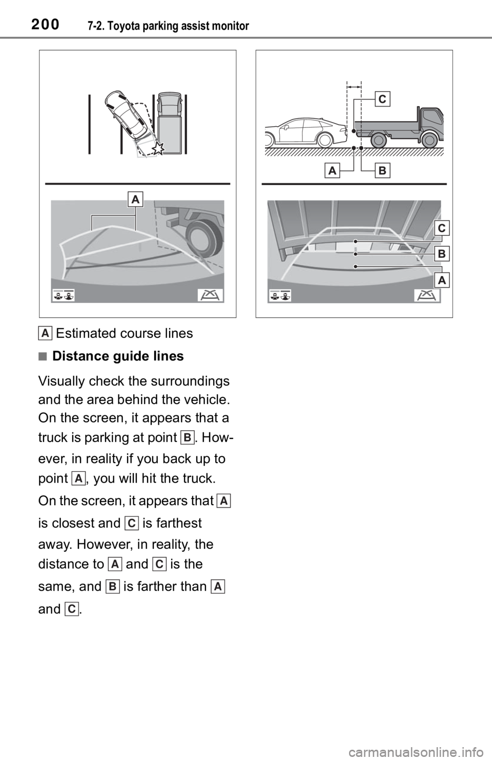 TOYOTA MIRAI 2021 Accessories, Audio & Navigation (in English) 2007-2. Toyota parking assist monitor
Estimated course lines
■Distance guide lines
Visually check the surroundings
and the area behind the vehicle.
On the screen, it appears that a
truck is parki TOYOTA MIRAI 2021 Accessories, Audio & Navigation (in English) 2007-2. Toyota parking assist monitor
Estimated course lines
■Distance guide lines
Visually check the surroundings
and the area behind the vehicle.
On the screen, it appears that a
truck is parki