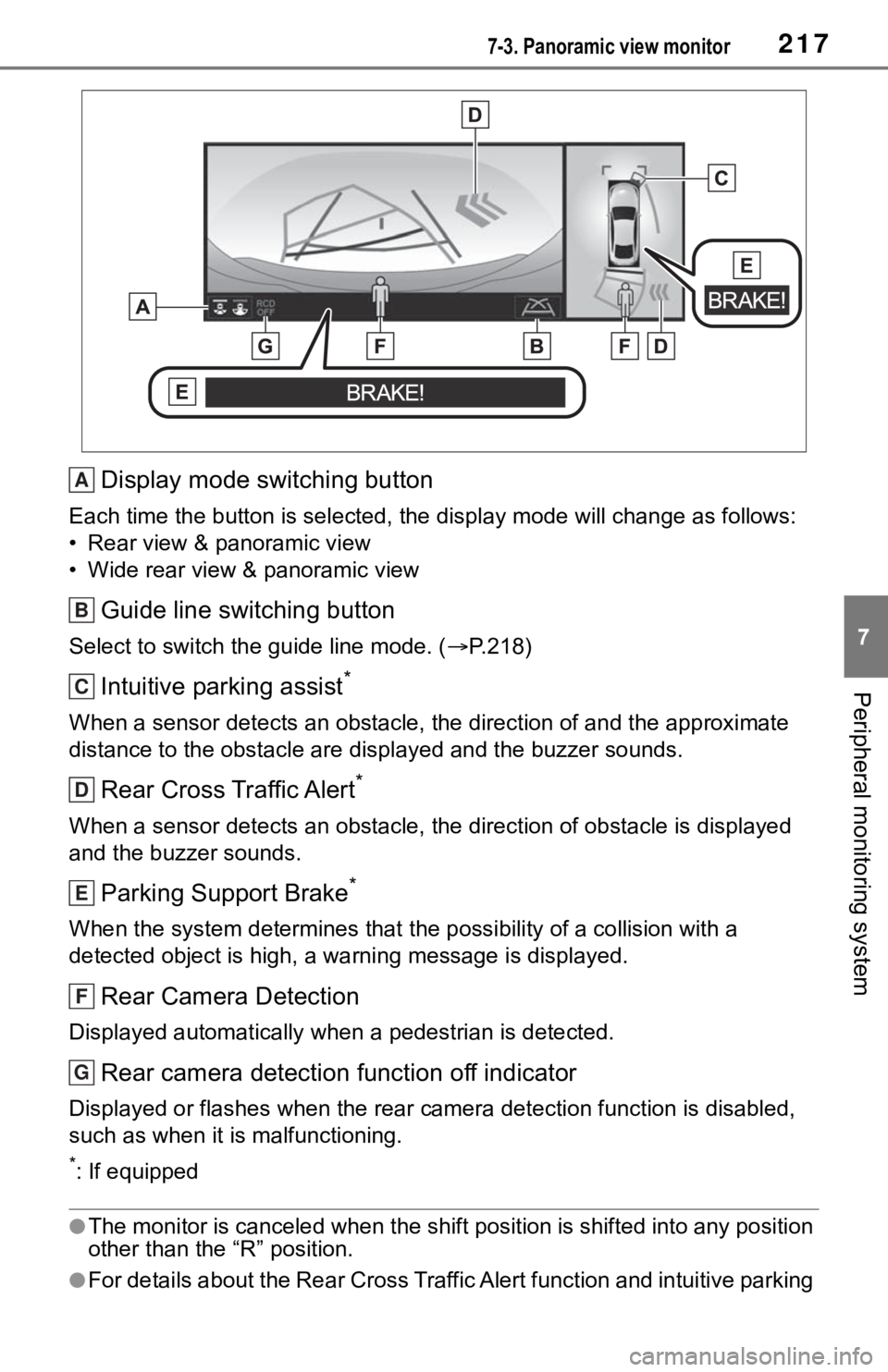 TOYOTA MIRAI 2021 Accessories, Audio & Navigation (in English) 2177-3. Panoramic view monitor
7
Peripheral monitoring system
Display mode switching button
Each time the button is selected, the display mode will change as follows:
• Rear view & panoramic view
TOYOTA MIRAI 2021 Accessories, Audio & Navigation (in English) 2177-3. Panoramic view monitor
7
Peripheral monitoring system
Display mode switching button
Each time the button is selected, the display mode will change as follows:
• Rear view & panoramic view