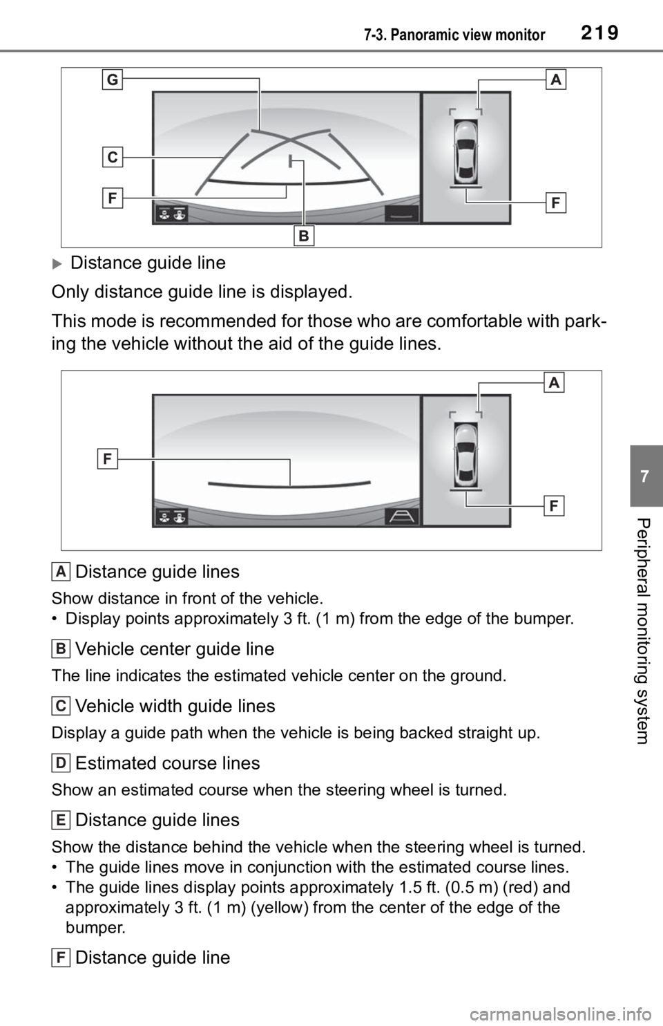 TOYOTA MIRAI 2021 Accessories, Audio & Navigation (in English) 2197-3. Panoramic view monitor
7
Peripheral monitoring system
Distance guide line
Only distance guide line is displayed.
This mode is recommended for those who are comfortable with par k-
ing the v TOYOTA MIRAI 2021 Accessories, Audio & Navigation (in English) 2197-3. Panoramic view monitor
7
Peripheral monitoring system
Distance guide line
Only distance guide line is displayed.
This mode is recommended for those who are comfortable with par k-
ing the v