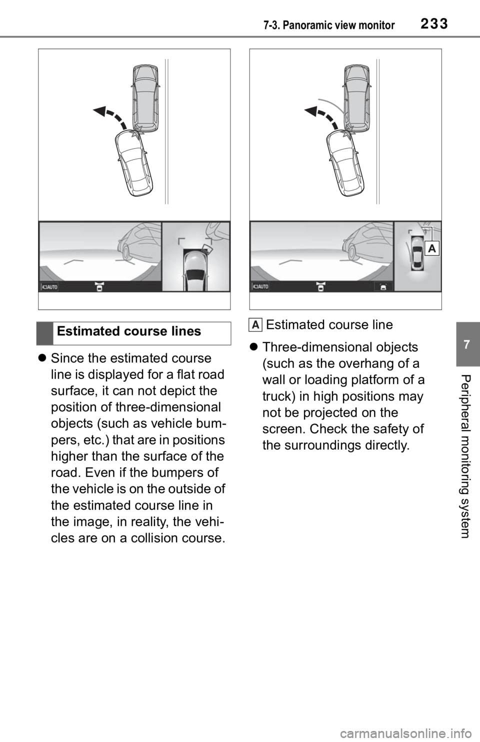 TOYOTA MIRAI 2021 Accessories, Audio & Navigation (in English) 2337-3. Panoramic view monitor
7
Peripheral monitoring systemSince the estimated course
line is displayed for a flat road
surface, it can not depict the
position of three-dimensional
objects (s TOYOTA MIRAI 2021 Accessories, Audio & Navigation (in English) 2337-3. Panoramic view monitor
7
Peripheral monitoring systemSince the estimated course
line is displayed for a flat road
surface, it can not depict the
position of three-dimensional
objects (s