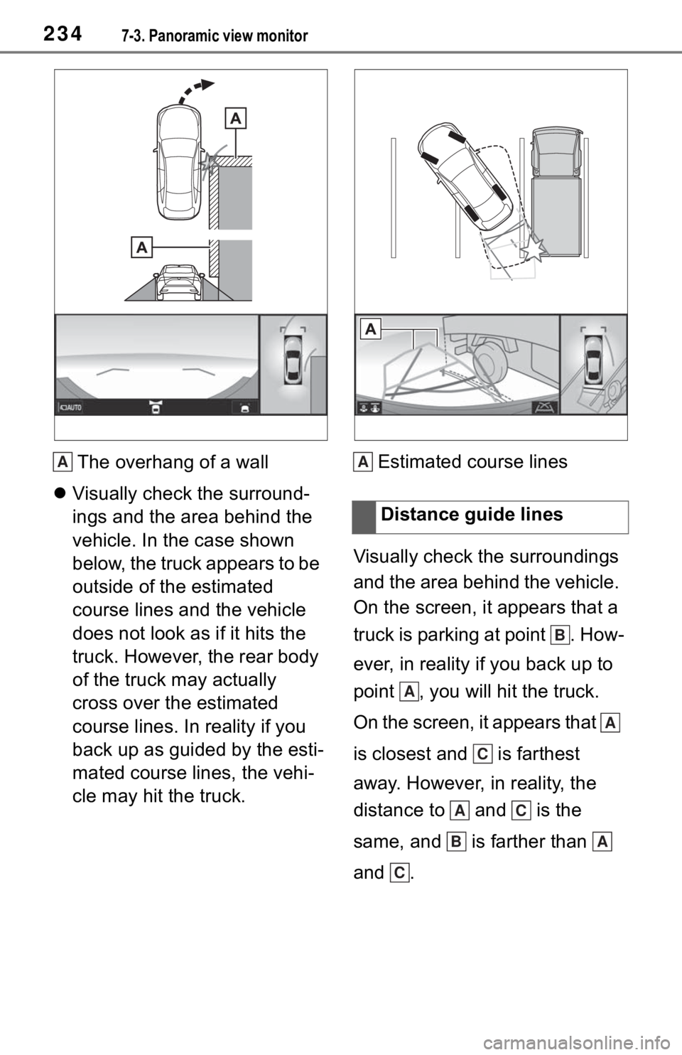 TOYOTA MIRAI 2021 Accessories, Audio & Navigation (in English) 2347-3. Panoramic view monitor
The overhang of a wall
Visually check the surround-
ings and the area behind the
vehicle. In the case shown
below, the truck appears to be
outside of the estimate TOYOTA MIRAI 2021 Accessories, Audio & Navigation (in English) 2347-3. Panoramic view monitor
The overhang of a wall
Visually check the surround-
ings and the area behind the
vehicle. In the case shown
below, the truck appears to be
outside of the estimate