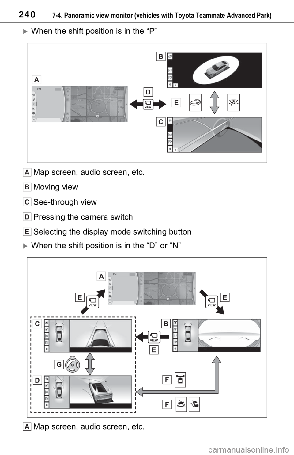 TOYOTA MIRAI 2021 Accessories, Audio & Navigation (in English) 2407-4. Panoramic view monitor (vehicles with Toyota Teammate Adva nced Park)
When the shift position is in the “P”
Map screen, audio screen, etc.
Moving view
See-through view
Pressing the came TOYOTA MIRAI 2021 Accessories, Audio & Navigation (in English) 2407-4. Panoramic view monitor (vehicles with Toyota Teammate Adva nced Park)
When the shift position is in the “P”
Map screen, audio screen, etc.
Moving view
See-through view
Pressing the came