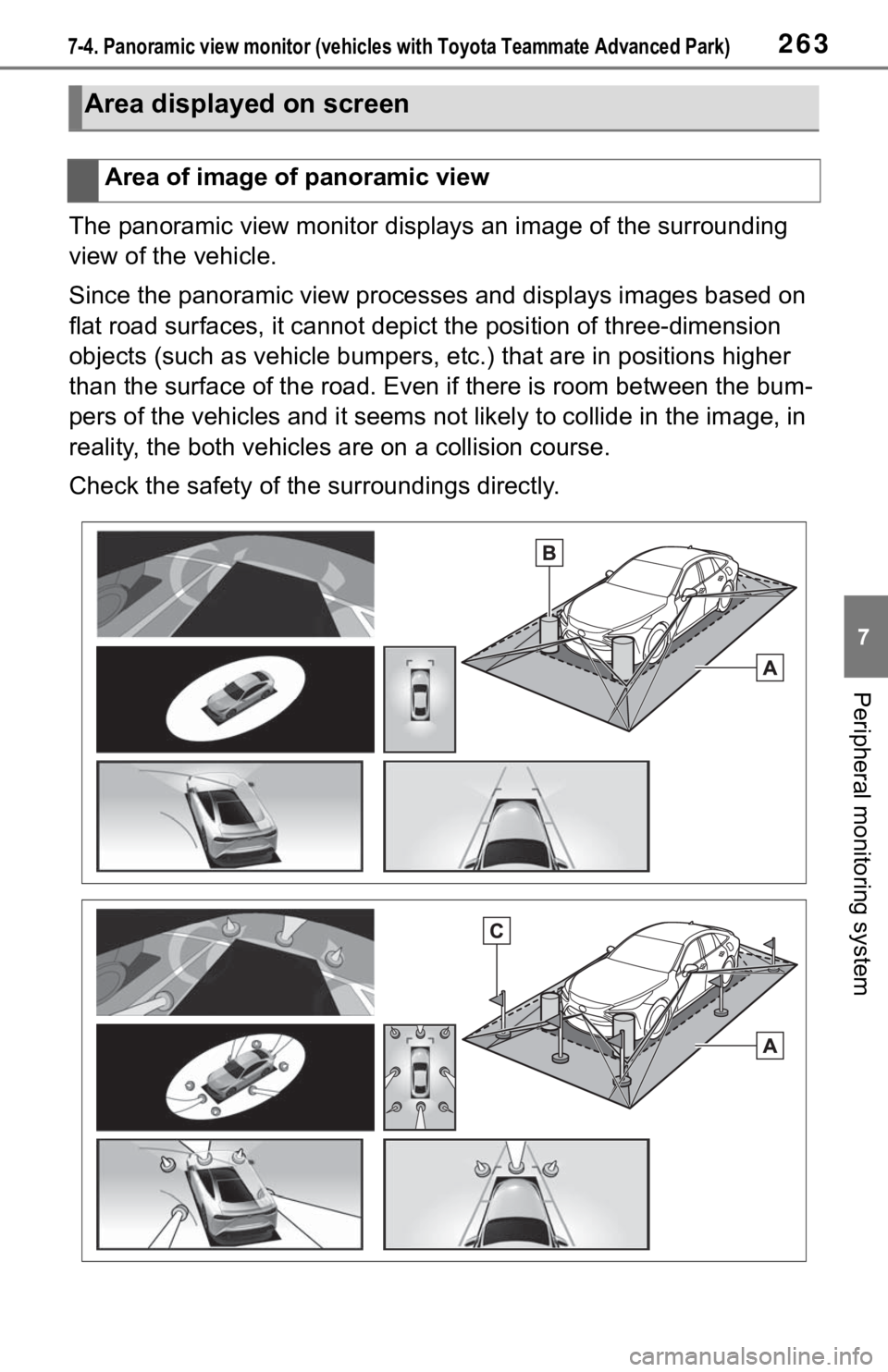 TOYOTA MIRAI 2021  Accessories, Audio & Navigation (in English) 2637-4. Panoramic view monitor (vehicles with Toyota Teammate Advanced Park)
7
Peripheral monitoring system
The panoramic view monitor displays an image of the surrounding 
view of the vehicle.
Since 