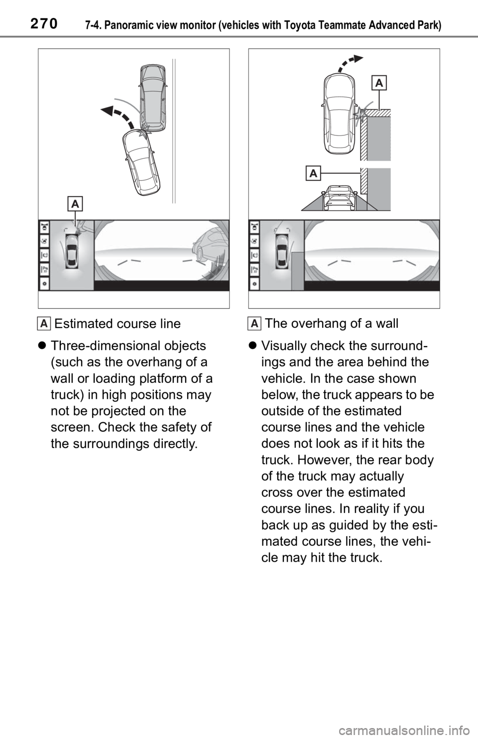 TOYOTA MIRAI 2021 Accessories, Audio & Navigation (in English) 2707-4. Panoramic view monitor (vehicles with Toyota Teammate Adva nced Park)
Estimated course line
Three-dimensional objects
(such as the overhang of a
wall or loading platform of a
truck) in TOYOTA MIRAI 2021 Accessories, Audio & Navigation (in English) 2707-4. Panoramic view monitor (vehicles with Toyota Teammate Adva nced Park)
Estimated course line
Three-dimensional objects
(such as the overhang of a
wall or loading platform of a
truck) in