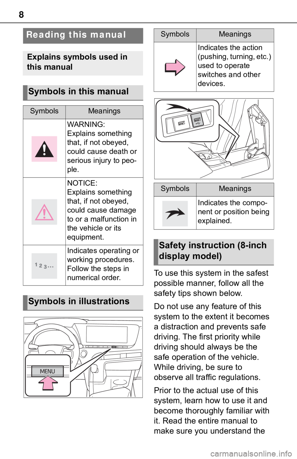 TOYOTA MIRAI 2021 Accessories, Audio & Navigation (in English) 8
To use this system in the safest
possible manner, follow all the
safety tips shown below.
Do not use any feature of this
system to the extent it becomes
a distraction and prevents safe
driving. TOYOTA MIRAI 2021 Accessories, Audio & Navigation (in English) 8
To use this system in the safest
possible manner, follow all the
safety tips shown below.
Do not use any feature of this
system to the extent it becomes
a distraction and prevents safe
driving.