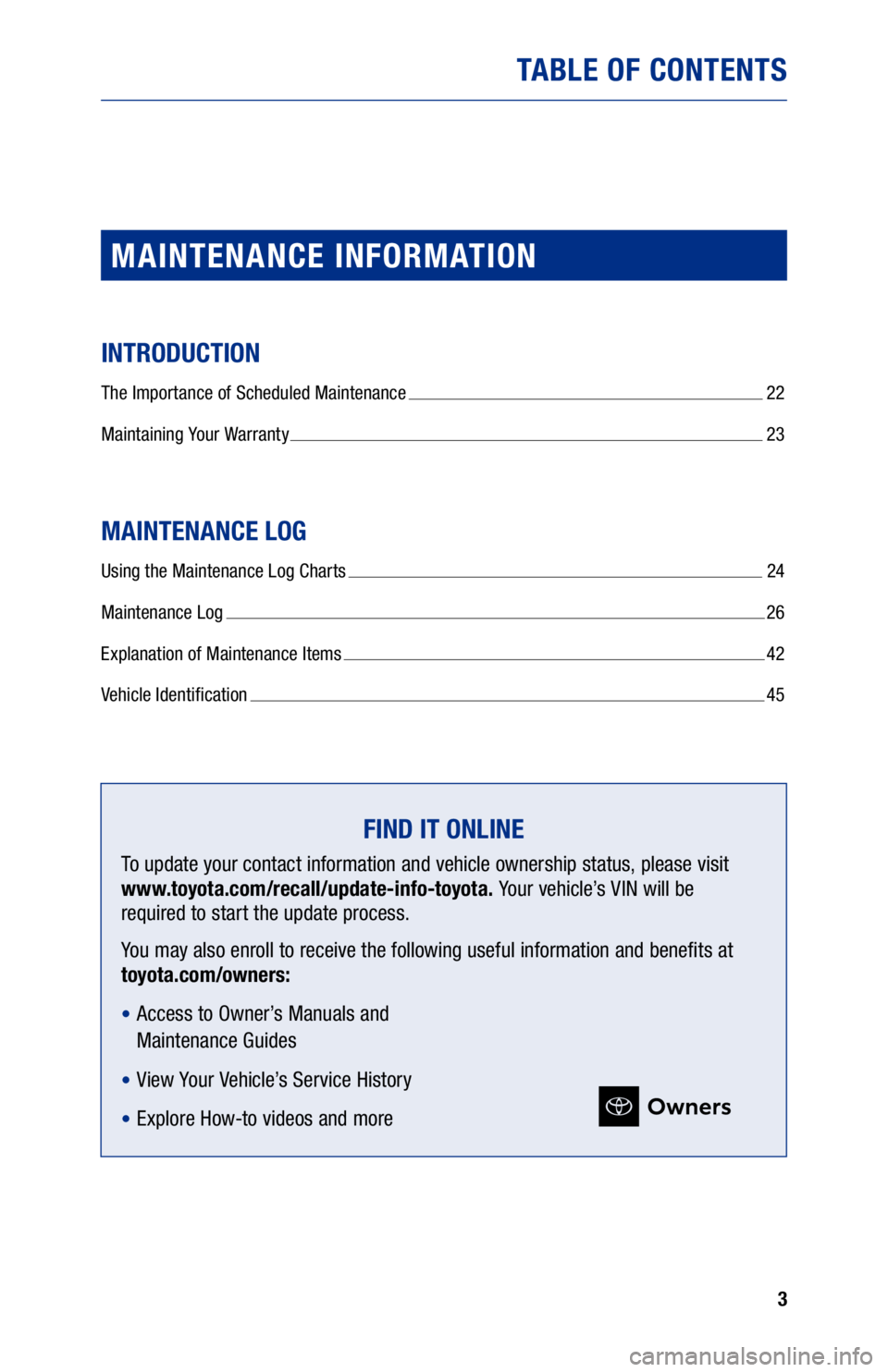 TOYOTA MIRAI 2021 Warranties & Maintenance Guides (in English) 3
TABLE OF CONTENTS
MAINTENANCE INFORMATION
INTRODUCTION
The Importance of Scheduled Maintenance 22
M
aintaining Your Warranty
23
MAINTENANCE LOG
Using the Maintenance Log Charts 24
M
aintenance L TOYOTA MIRAI 2021 Warranties & Maintenance Guides (in English) 3
TABLE OF CONTENTS
MAINTENANCE INFORMATION
INTRODUCTION
The Importance of Scheduled Maintenance 22
M
aintaining Your Warranty
23
MAINTENANCE LOG
Using the Maintenance Log Charts 24
M
aintenance L