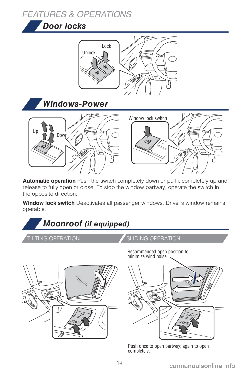TOYOTA PRIUS 2018 (in English) User Guide 14
Windows-Power
Door locks
Moonroof (if equipped)
UpDown
Window lock switch
Automatic operation Push the switch completely down or pull it completely up and
release to fully open or close. To stop t TOYOTA PRIUS 2018 (in English) User Guide 14
Windows-Power
Door locks
Moonroof (if equipped)
UpDown
Window lock switch
Automatic operation Push the switch completely down or pull it completely up and
release to fully open or close. To stop t