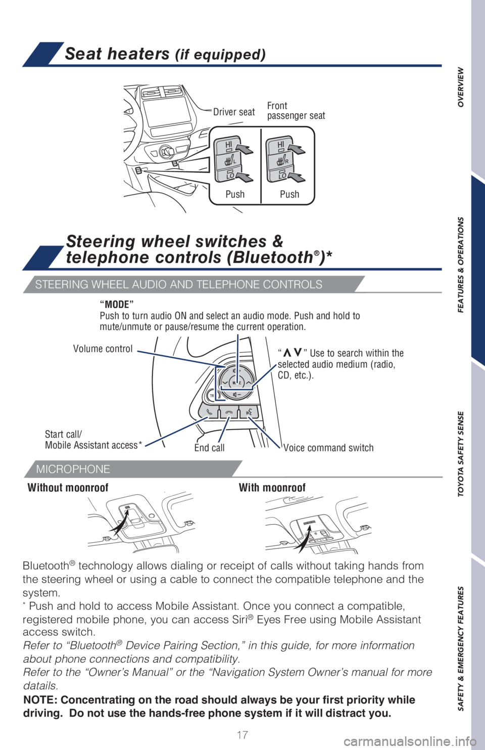 TOYOTA PRIUS 2018 (in English) User Guide 17
OVERVIEW FEATURES & OPERATIONS TOYOTA SAFETY SENSE SAFETY & EMERGENCY FEATURES
Seat heaters (if equipped)
MICROPHONE
STEERING WHEEL AUDIO AND TELEPHONE CONTROLS
Steering wheel switches &
telephon TOYOTA PRIUS 2018 (in English) User Guide 17
OVERVIEW FEATURES & OPERATIONS TOYOTA SAFETY SENSE SAFETY & EMERGENCY FEATURES
Seat heaters (if equipped)
MICROPHONE
STEERING WHEEL AUDIO AND TELEPHONE CONTROLS
Steering wheel switches &
telephon