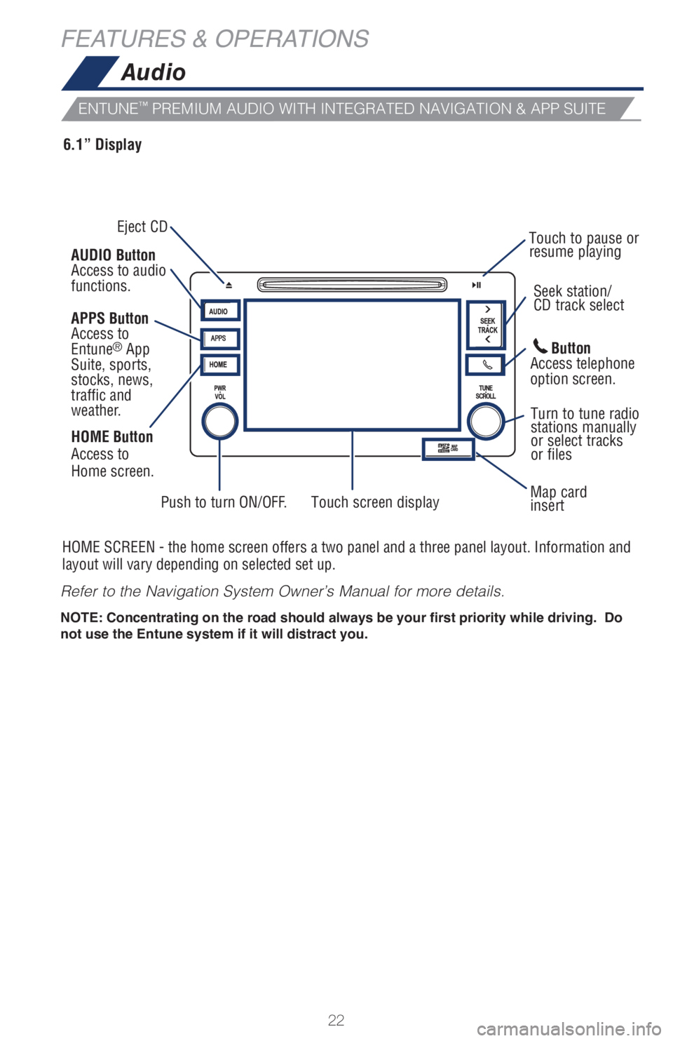 TOYOTA PRIUS 2018 (in English) Owners Manual 22
6.1” Display
Audio
FEATURES & OPERATIONS
HOME SCREEN - the home screen offers a two panel and a three panel layout. Information and
layout will vary depending on selected set up.HOME Button
Acce TOYOTA PRIUS 2018 (in English) Owners Manual 22
6.1” Display
Audio
FEATURES & OPERATIONS
HOME SCREEN - the home screen offers a two panel and a three panel layout. Information and
layout will vary depending on selected set up.HOME Button
Acce