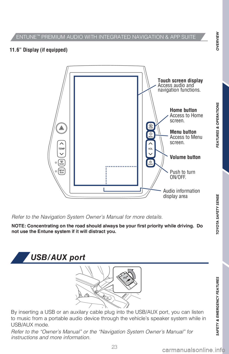 TOYOTA PRIUS 2018 (in English) Owners Manual 23
OVERVIEW FEATURES & OPERATIONS TOYOTA SAFETY SENSE SAFETY & EMERGENCY FEATURES
USB/AUX port
Home button
Access to Home
screen.
Menu button
Access to Menu
screen.
Volume button
Push to turn
ON/OFF. TOYOTA PRIUS 2018 (in English) Owners Manual 23
OVERVIEW FEATURES & OPERATIONS TOYOTA SAFETY SENSE SAFETY & EMERGENCY FEATURES
USB/AUX port
Home button
Access to Home
screen.
Menu button
Access to Menu
screen.
Volume button
Push to turn
ON/OFF.